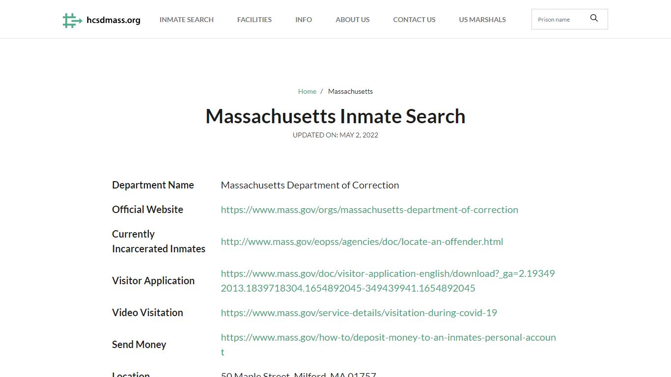 Massachusetts Inmate Search – Massachusetts Department of ...